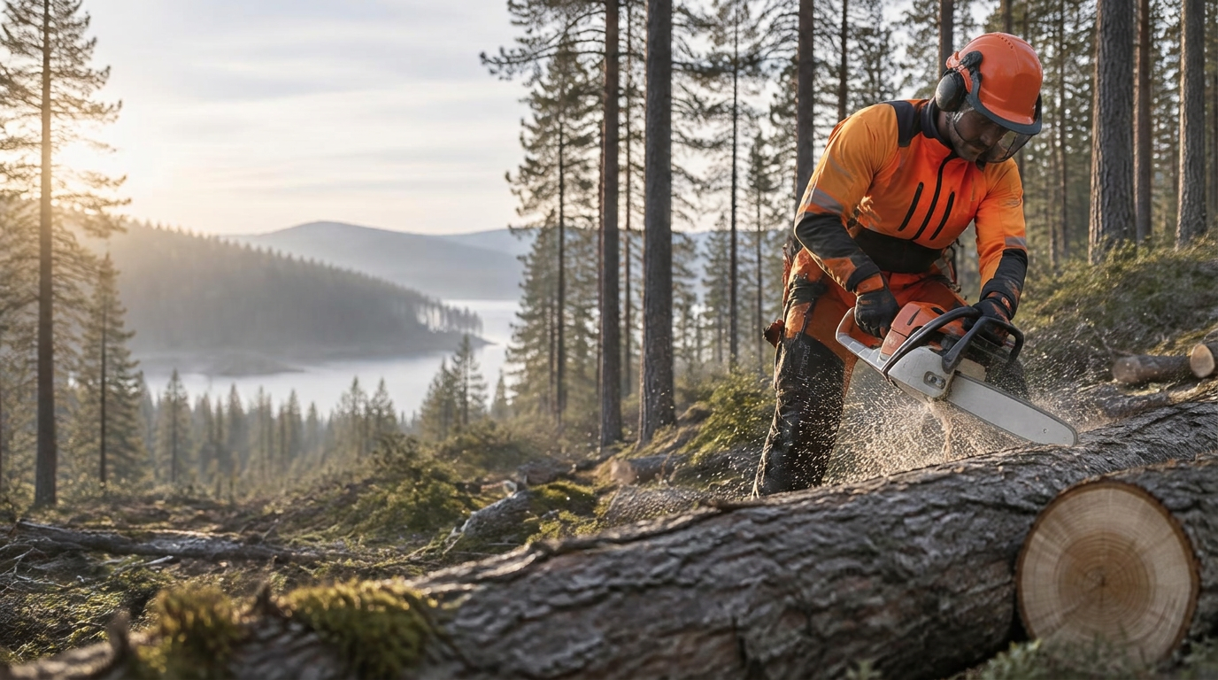 Arborist in protective gear cutting a log with a chainsaw in a pine forest