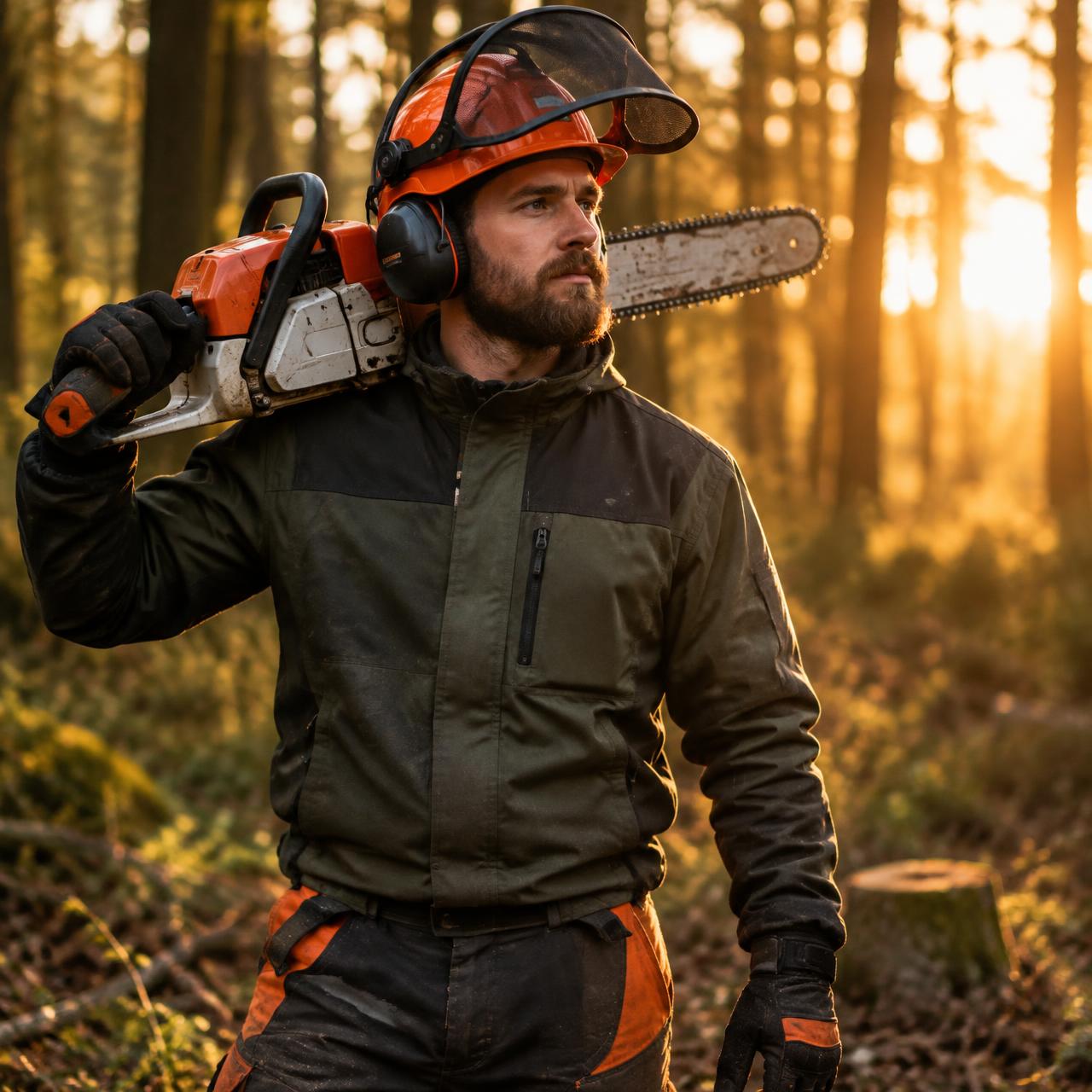 Landscaper in protective gear carrying a chainsaw through woodland